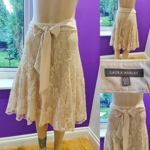 LAURA ASHLEY Cappuccino Lace Skirt Size 10 Flared w Belt & Sequins Cost £70 New