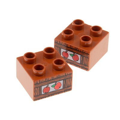 2X Lego Duplo Building Brick 2X2X1 Dark Orange Printed Apples Box Red 3437PB014