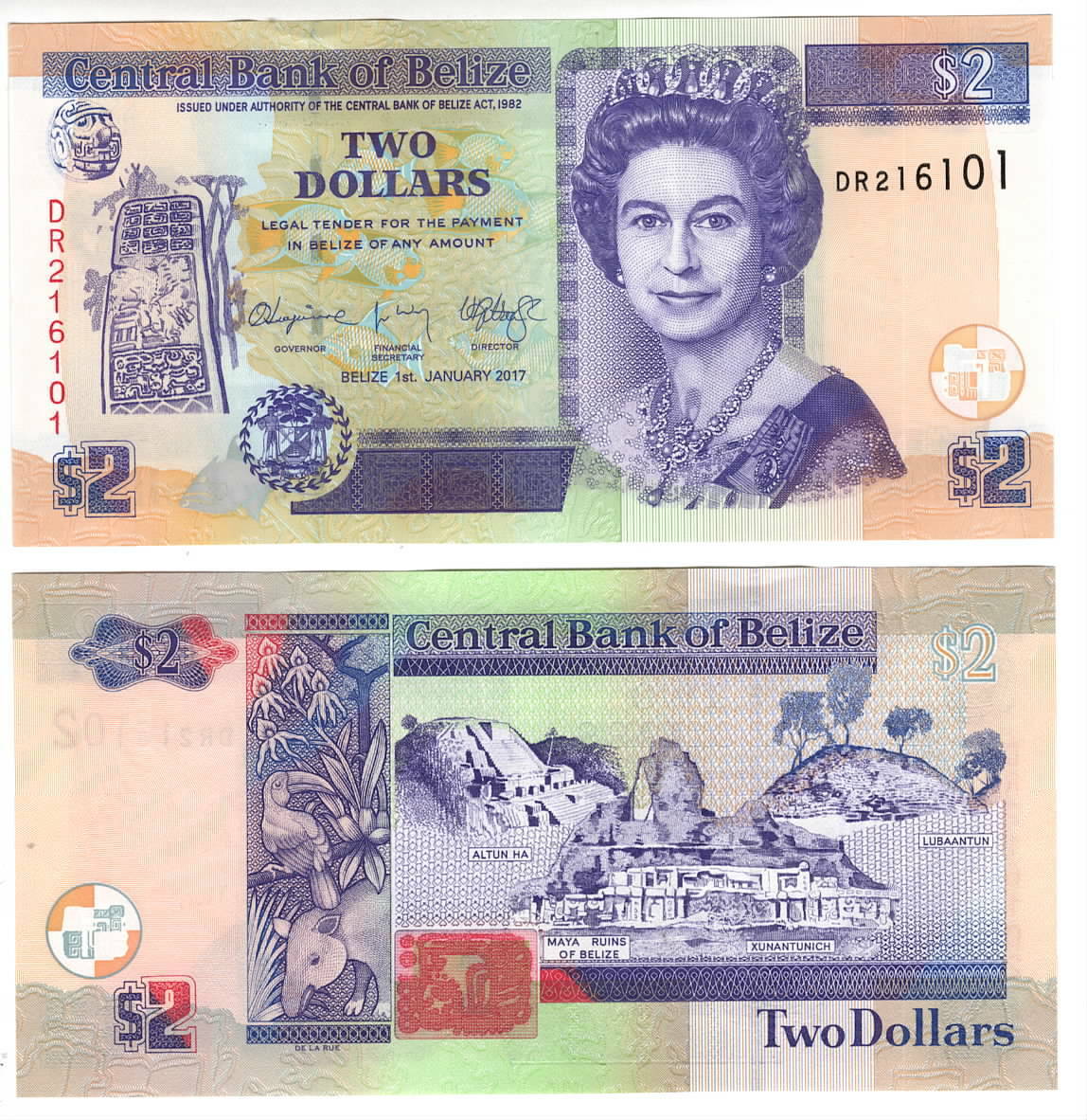 BELIZE $2 Dollars UNC Queen Elizabeth II Banknote (2017) P-66f Prefix DR