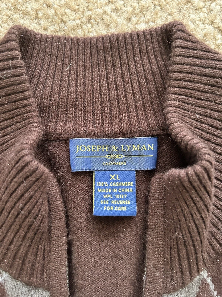 Suéter Joseph & Lyman Para Hombre XL Marrón Argyle Pullover Tejido, Cremallera, 100% Cachemira Foto 3 de 4