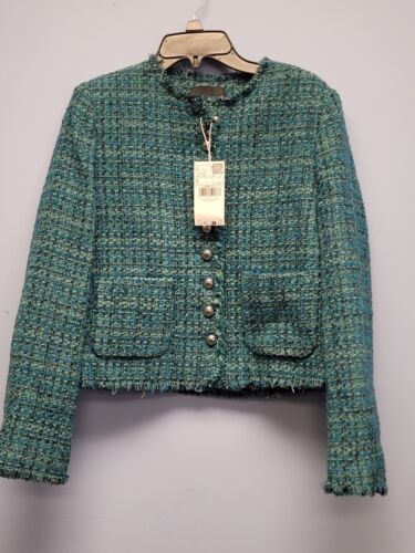 Mango Damen Tweed Jacke mit Tasche Petrol Blau Größe S Italienischer Stoff