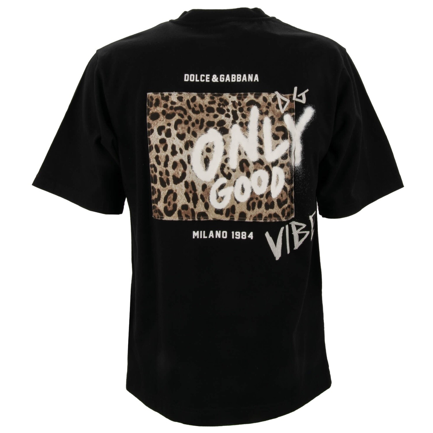 DOLCE & GABBANA Oversize DG Logo Leopard Graffiti Patch Cotton T-Shirt Black