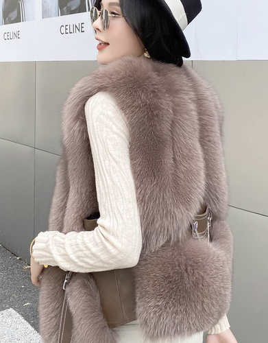 Women Real Fox Fur Vests Luxury Fluffy Gilet Leather Belt Waistcoat Winter - Picture 13 of 20
