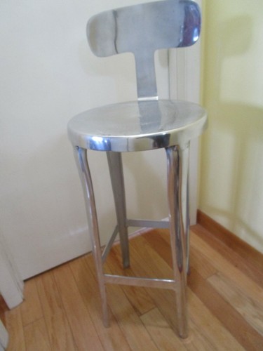 Vintage Polished Aluminum Armless hammered seat bar Chair stool 28" T 1990s OOAK