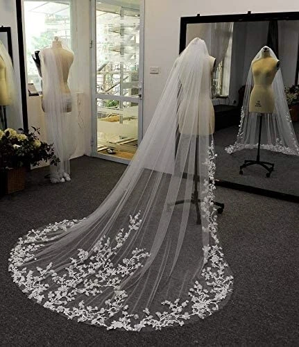 Cathedral Bridal Veil Applique Elegant Wedding Ivory White Branch Lace Veil