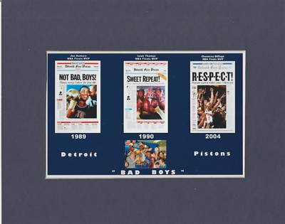 DEROIT PISTONS MATTED PHOTO OF 1989, 1990, 2004 NBA CHAMPS NEWSPAPER FRONT PAGES