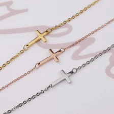 Women 7+2" 316L Stainless Steel Sideway Cross Bracelet Chain Gift PE49