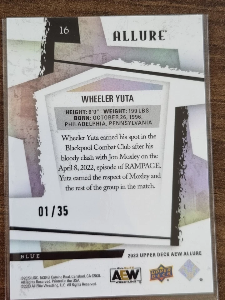 2022 AEW Wheeler Yuta BLUE 01/35 ALLURE Trading Card Upper Deck Mint #85718 - Image 2 of 2