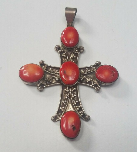 Vintage Genuine 925 Sterling Silver Natural Coral Gemstone Cross Pendant 3 3/4'' - Picture 3 of 6