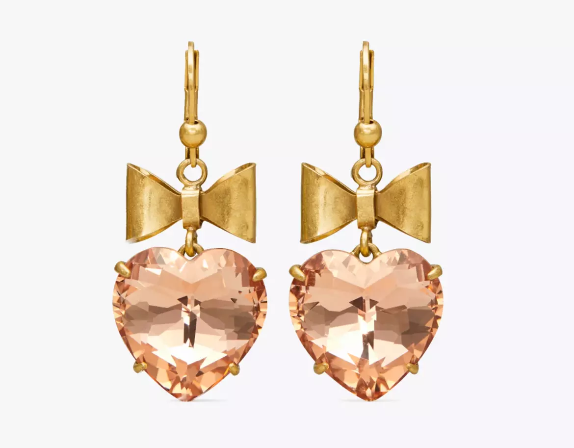 Tory Burch Big HEART BOW DROP EARRINGS Shiny Brass Pale Pink