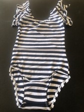 Flutter Sleeve Girls Dark Navy Blue White Stripe Stretch Handmade Size L 5/6 New