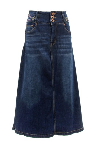 Women's Juniors/Plus Size Long A-Line Stretch Denim Maxi Skirt - Picture 6 of 23