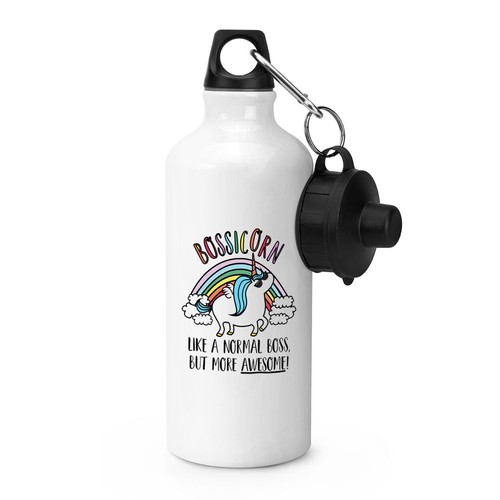 Gift Base Bossicorn Einhorn Sportflasche 600 Ml, Weiß – Metallflasche Mit 2 Kappen, Für Gym & Alltag