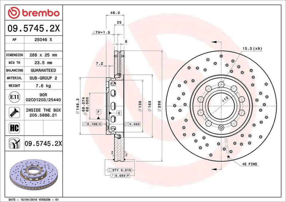 Rotor de freno de disco para Volkswagen Passat 1999-2001 Brembo América del Norte Foto 2 de 2