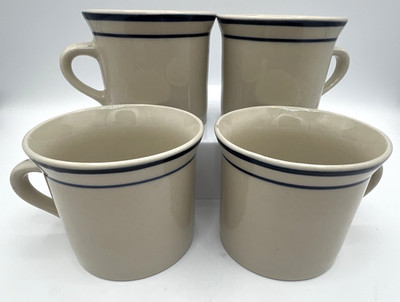 4 Brick Oven Stoneware Scandia Blue Stripe Beige Mug Cup Retro Small Handle