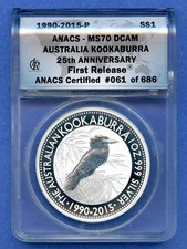 1990-2015 ANACS MS70 DCAM Australia Kookaburra 1oz .999 Silver $1 First Release