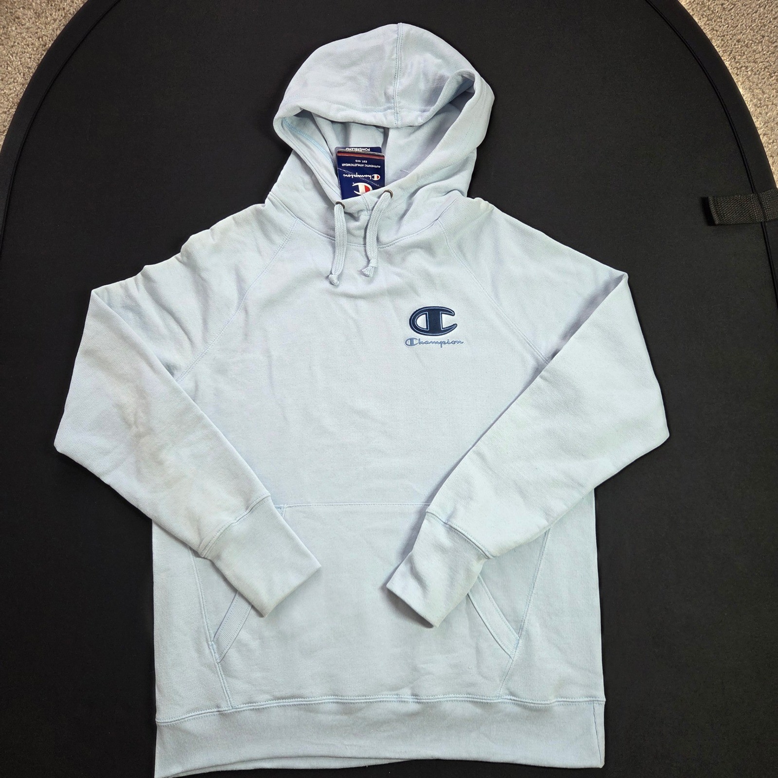 Champion Para Hombres Powerblend Polar Sudadera con Capucha Azul Claro Chenille Logo Pullover Mediano