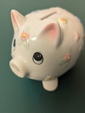 Vintage Ceramic White Piggy Bank With Flowers 5   Script Baby Shower 