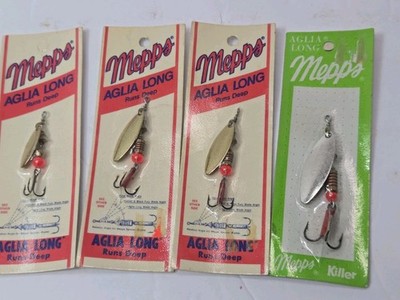Lot (4) Mepps Aglia Long Spinners NOS sz 0,1,2 Willow Spoon Deep Runner Killer