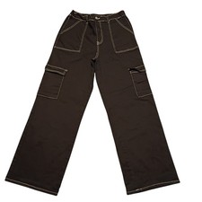 90s Y2K Women's Black Cargo Wide Leg Pants Large Cotton Stretchy White Stitch