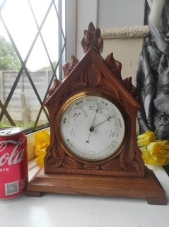 VERY NICE ANTIQUE CARVED OAK DESK/SHELF BAROMETER & THEMOMETER 4 RESTORATION