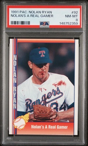 1991 Pacific NOLAN RYAN "Bloody Lip Jersey" Baseball Card #92 Graded PSA 8 NM-MT