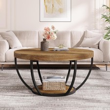 Round Coffee Table, Industrial 2-Tier Circle Wooden Center Table For Living Room