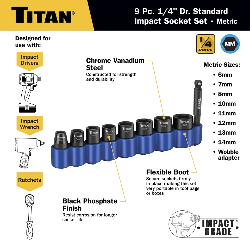 Titan 46201 9-Piece 1/4-Inch Drive Metric Shallow Impact Socket Set, 6-Point,... - Image 3 of 4