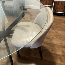 Modern Round Glass Dining Table Set with 4 Gray & Black Upholstered Chairs