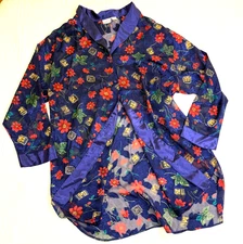 KATHRYN Navy w/Red Floral Print Nightgown Robe Kimono Sz 3X Covered Buttons EUC