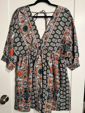 SHEIN Womens L Boho Floral Paisley Babydoll Mini Dress 3/4 Sleeve Green Orange