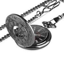 Black Tone Design Quartz Pocket Watch Roman Numeral with Pendant Short Chain