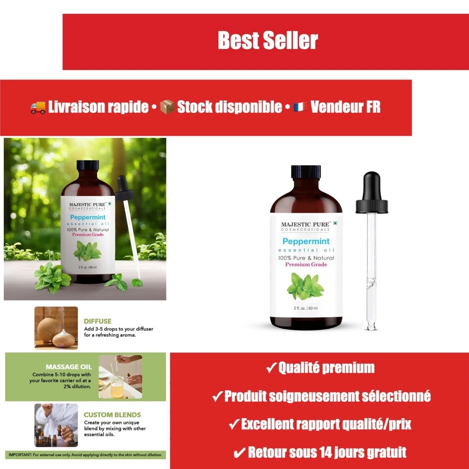 Huile essentielle Menthe poivrée Majestic Pure 60 ml compte-gouttes - Photo 1/4