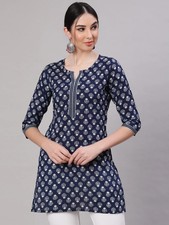 Indian Women Blue  White Pure Cotton Floral Printed Top Tunic Kurta Kurti Dress