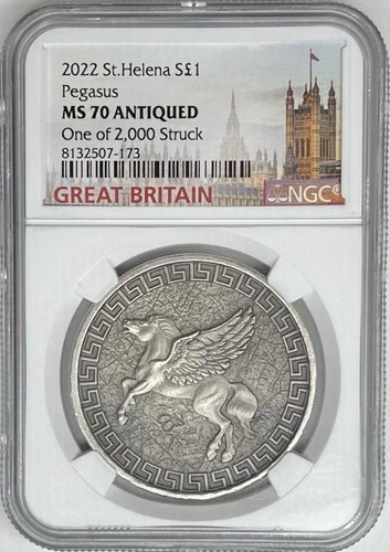 2022 St Helena Pegasus S1£ 1 oz .999 NGC MS70 Antiqued- 1 of 2000