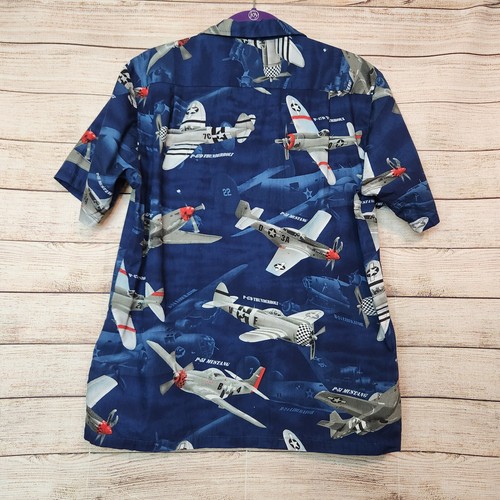 Vintage RJC Hawaiian Shirt Mens Medium Blue Fighter Jet Planes Button Down - Picture 10 of 14