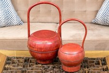 Antique Hand-Made Red Lacquer Chinese Covered Baskets&mdash;A Pair