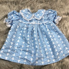 Vintage Baby Girls Handmade Blue White Lace Ruffle Teddy Bear Dress