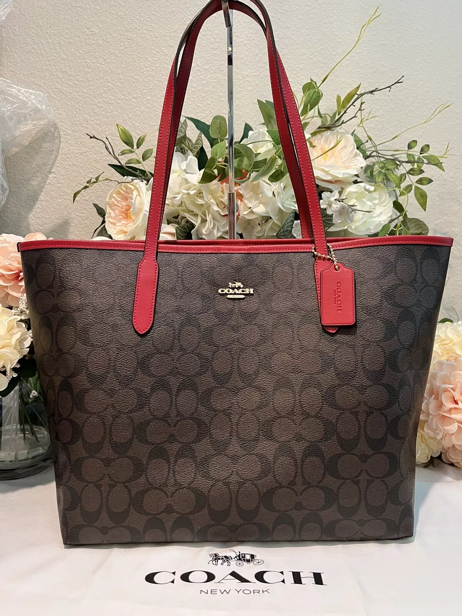 ❤️COACH Canvas/Leather CITY Tote/Shopper/Shoulder Bag ~ Brown/Red❤️