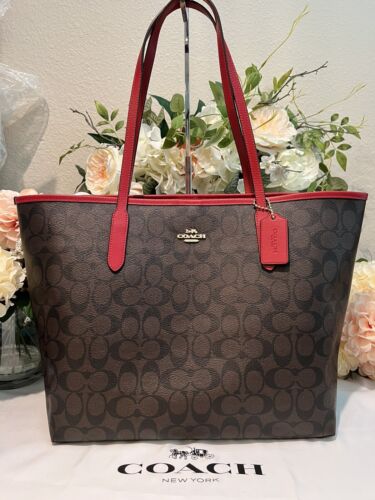 🤎❤️COACH Canvas/Leather CITY Tote/Shopper/Shoulder Bag ~ Brown/Red❤️🤎