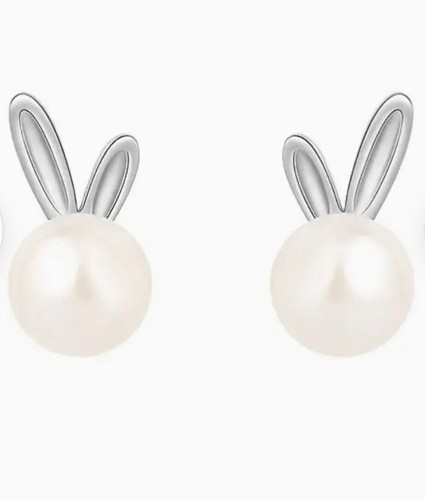 Women's/Grils Silver Easter Bunny Stud Earrings Rabbit & Faux Pearl Ear Jewelry - Picture 7 of 9