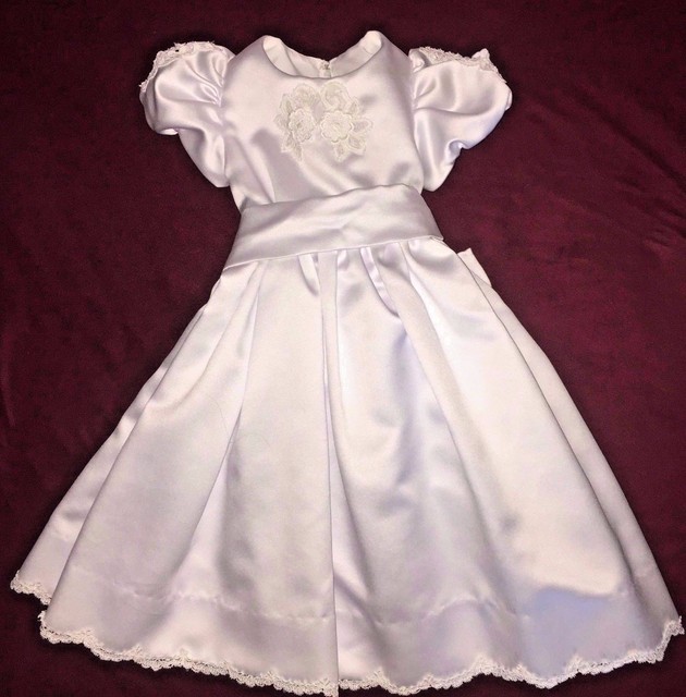 NEW Girls Baby Baptism Dress Set Handmade Heavy Satin 9 12 months White