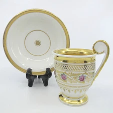 19c OLD PARIS Porcelain Cup & Saucer Empire Style Gilt Roses Hand Painted Vieux