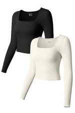 OQQ Women's 2 Piece Crop Tops Long Sleeve Square Neck Stretch Fitted Black Beige