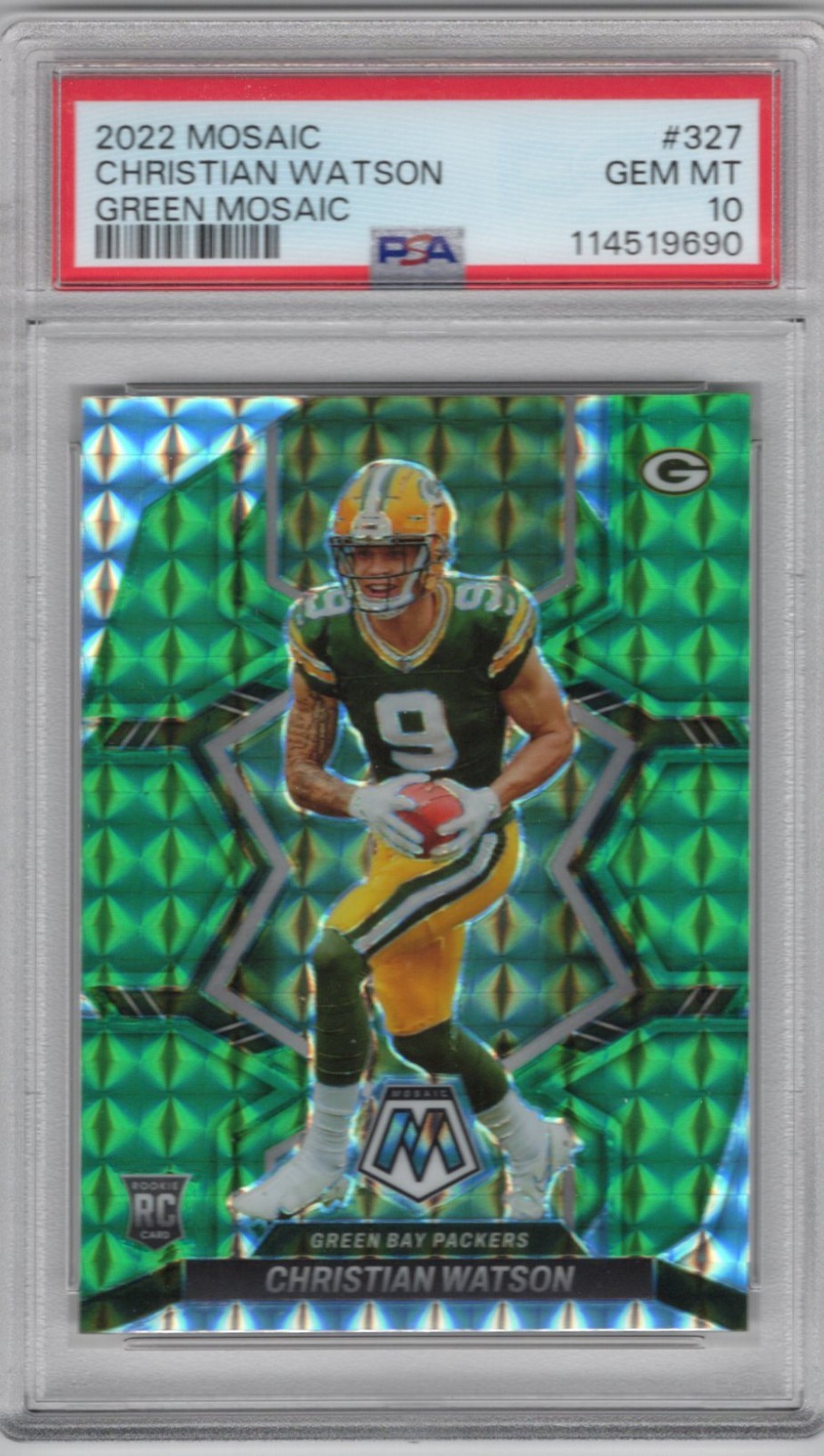 CHRISTIAN WATSON PACKERS 2022 MOSAIC GREEN ROOKIE PSA 10