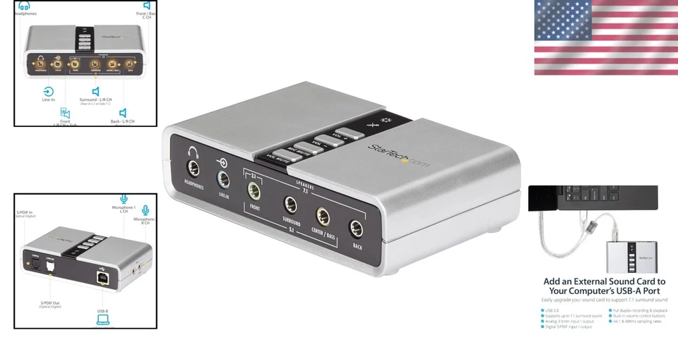 Home Theater Ready 7.1 USB Sound Card for Laptops & Desktops - Silver Finish - Image 2 of 4