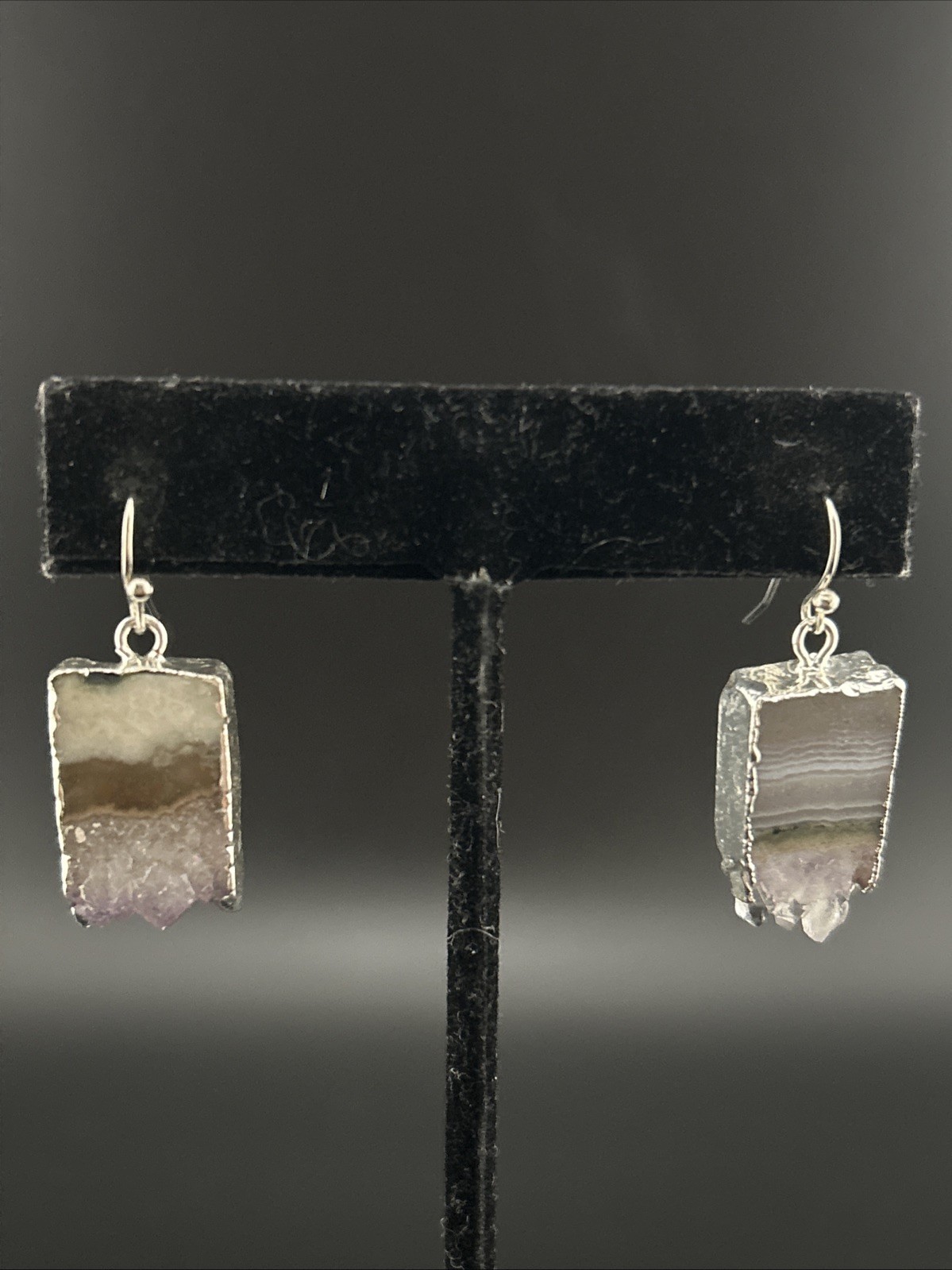 Silver Tone Amethyst Geode Slice Dangle Drop Earr… - image 2