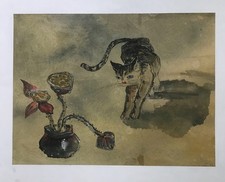 Pintura acuarela corazón arte original gato y flor vietnamita Lam Duc Manh