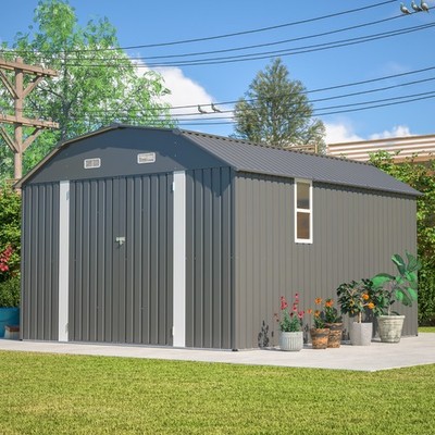 10'x12' Metal Outdoor Storage Shed Heavy Duty Garden Shed w/ Floor Kit & Windows