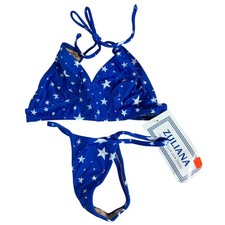 Zuliana VTG Y2K Blue White Star Print Triangle Halter Thong Bikini Set NWT
